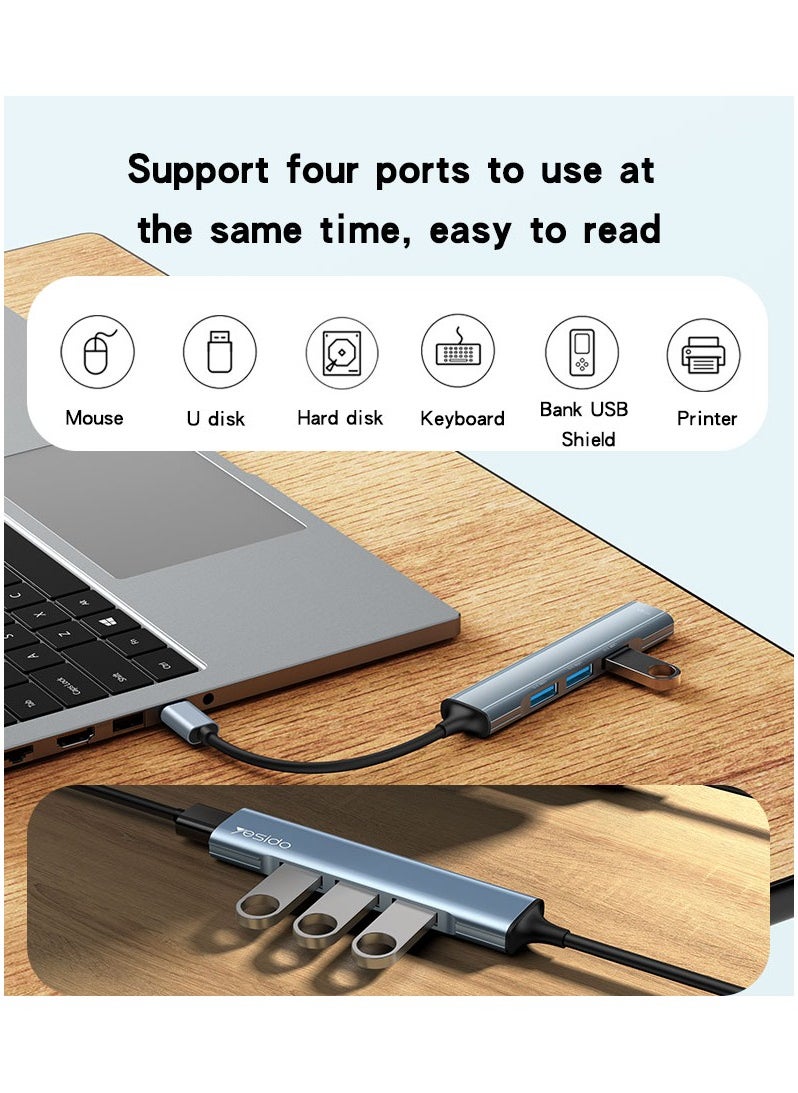 Yesido - HB17 4-in-1 Type-C USB Hub Adapter – High-Speed USB 3.0 Hub with 4 Ports, Data Transfer & Charging Converter for Laptops, Tablets, and Smartphones – Blue - Image 1