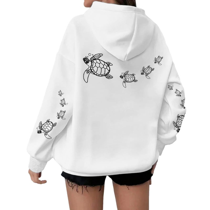 Lubpow Cute Sea Turtle Hoodies for Women Oversized Ocean Hoodie Aesthetic Graphic Sweatshirts Casual Fleece Pullover Tops(White,M) - Image 1