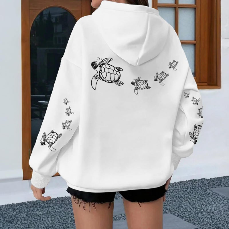 Lubpow Cute Sea Turtle Hoodies for Women Oversized Ocean Hoodie Aesthetic Graphic Sweatshirts Casual Fleece Pullover Tops(White,M) - Image 2