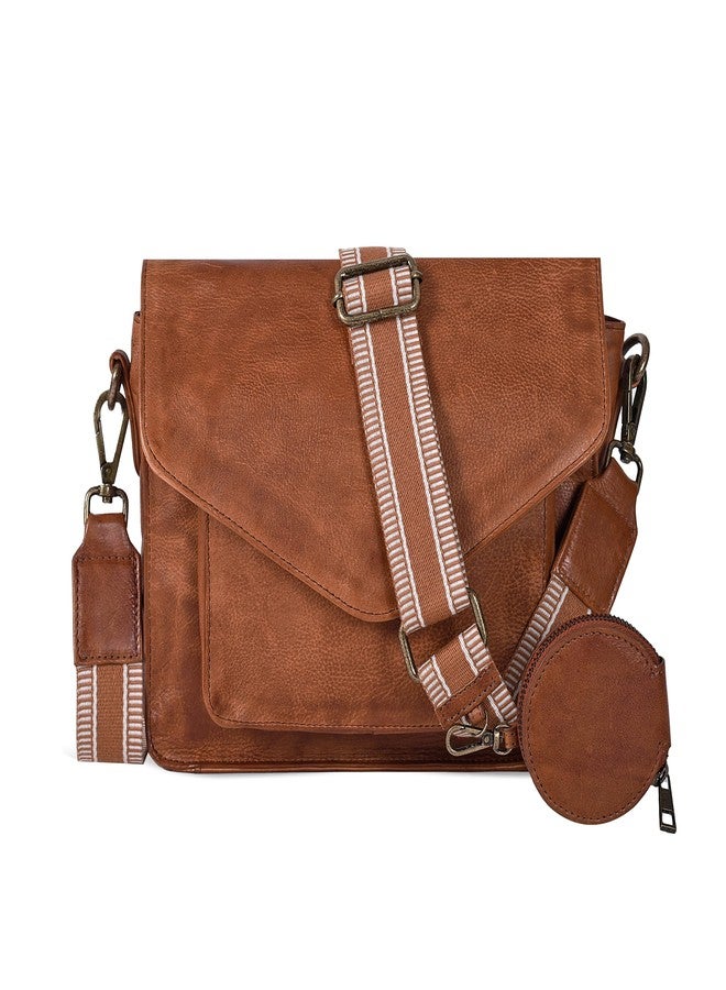 Ozora Leather Flapover Crossbody Handbag Purse for Women with Adjustable Strap & Overflap Snap Closure Tote/Bag (Tan coin web) - Image 1