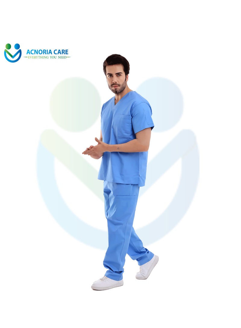اكنوريا كير سكراب طبي رجالي مكون من قطعتين بلوزة وسروال قطن 100% لون أزرق فاتح- مقاس M- من اكنوريا كير - Image 3