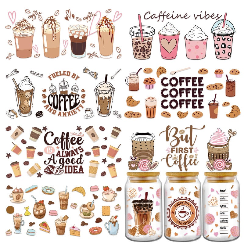 Rngmsi UV DTF Cup Wrap - 8 Sheets Coffee UV DTF Cup Wraps for 16 oz, Cake Drink Milk Tea Uvdtf Decals, Waterproof Ice Cream Rub on Transfer Stickers for Glass, DIY Wood Crafts - Image 1