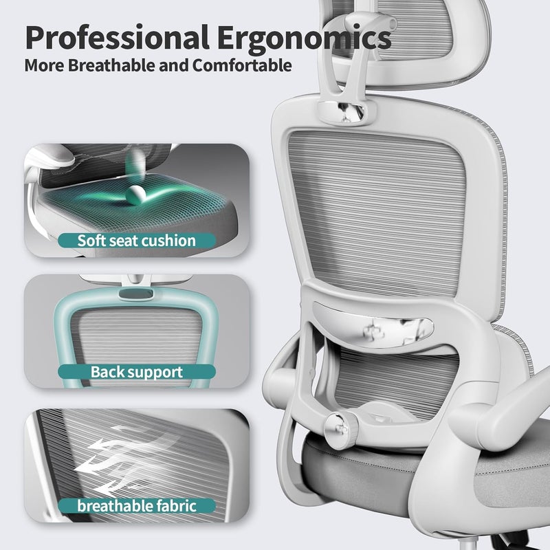 TRALT Office Chair Ergonomic Desk Chair, 330 LBS Home Mesh Office Desk Chairs with Wheels, Comfortable Gaming Chair, High Back Office Chair for Long Hours (Black) (Light Gray) - Image 3