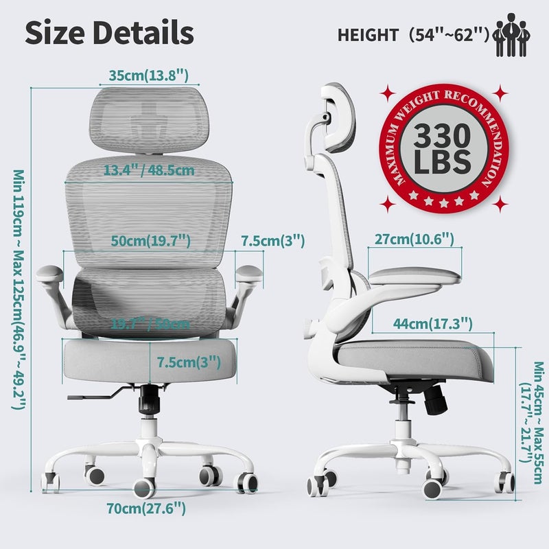 TRALT Office Chair Ergonomic Desk Chair, 330 LBS Home Mesh Office Desk Chairs with Wheels, Comfortable Gaming Chair, High Back Office Chair for Long Hours (Black) (Light Gray) - Image 2