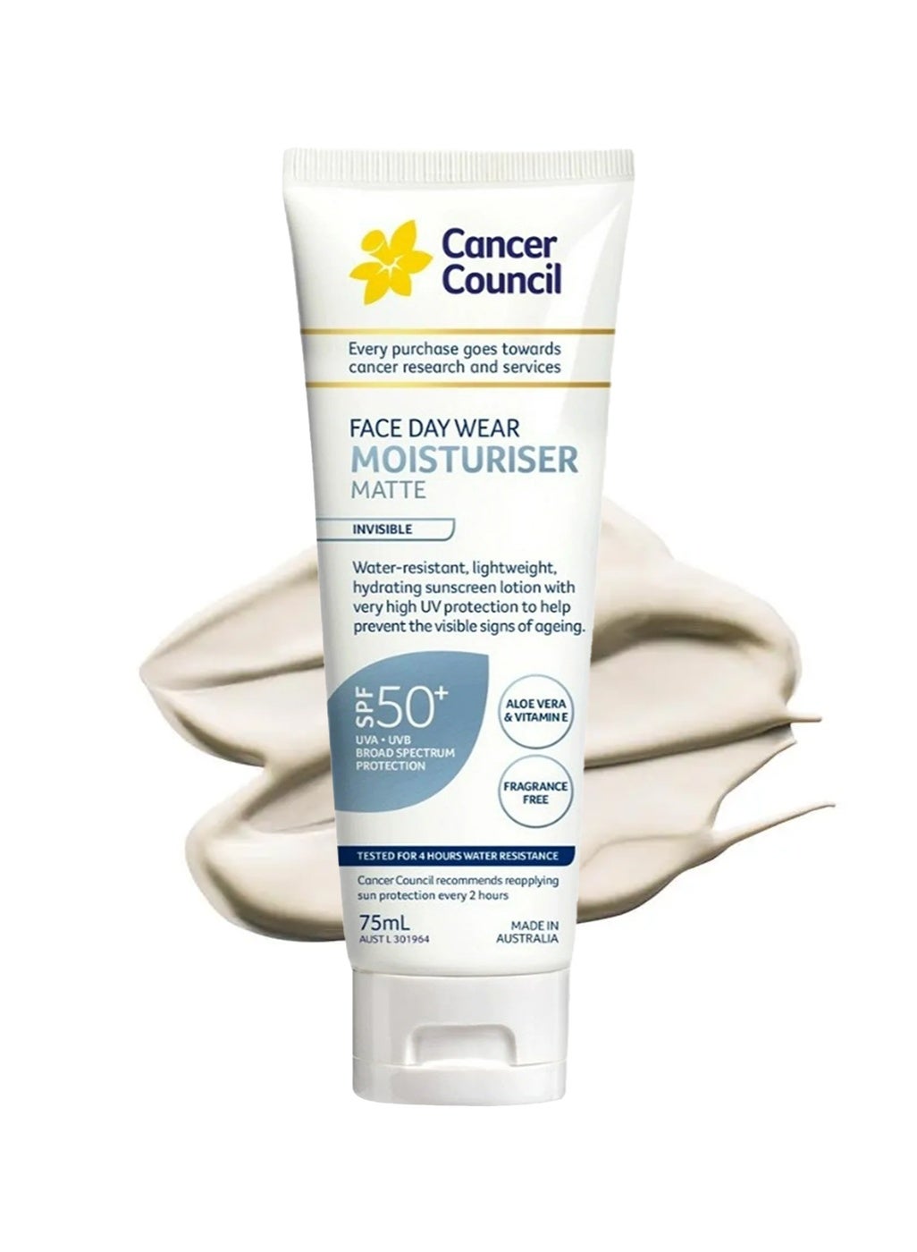 Cancer Council Daily Moisturiser Water Resistant SPF50+ 75ml, Face Day Wear Moisturiser for Face and Body, Water-resistant, Lightweight, Hydrating Sunscreen Lotion with Aloe Vera, Fragrance Free, Suitable For Sensitive Skin