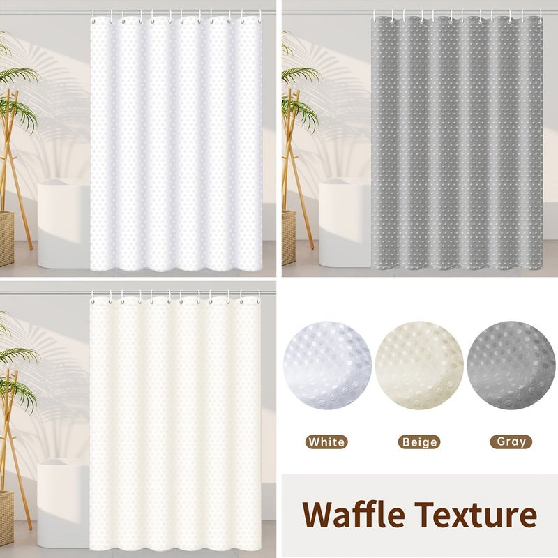 Solid Color Waffle Pattern Polyester Shower Curtain 180x200cm with Hooks for Bathroom Decorative Partition Multiple Scenarios White - Image 1