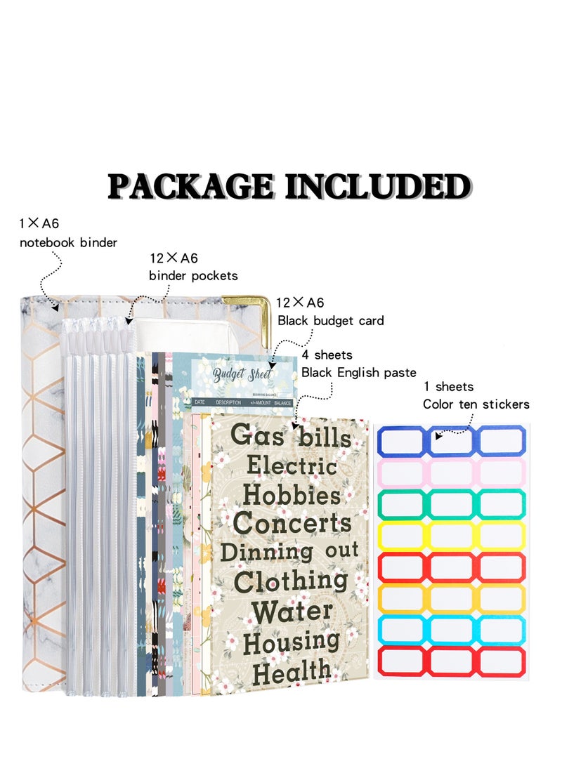 Zikra Budget Binder, A6 Marble PU Leather Binder, Money Organizer Cash Envelopes Budget Planner with 12 Zipper Cash Envelopes, 12 Expense Budget Sheets for Budgeting, Saving Money - Image 2