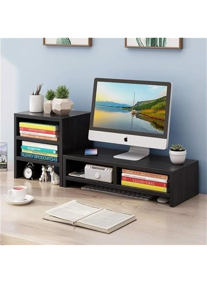 HOOKOR Monitor Stand Riser,2 Tiers Computer Monitor Stand with 3 Layer Storage Shelf, Wood Computer Desk Organizer with Storage,With Pen Holder,Laptop Computer Monitor Riser for PC Screen, iMac (Black)  - Image 1