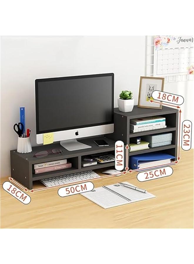 HOOKOR Monitor Stand Riser,2 Tiers Computer Monitor Stand with 3 Layer Storage Shelf, Wood Computer Desk Organizer with Storage,With Pen Holder,Laptop Computer Monitor Riser for PC Screen, iMac (Black)  - Image 2