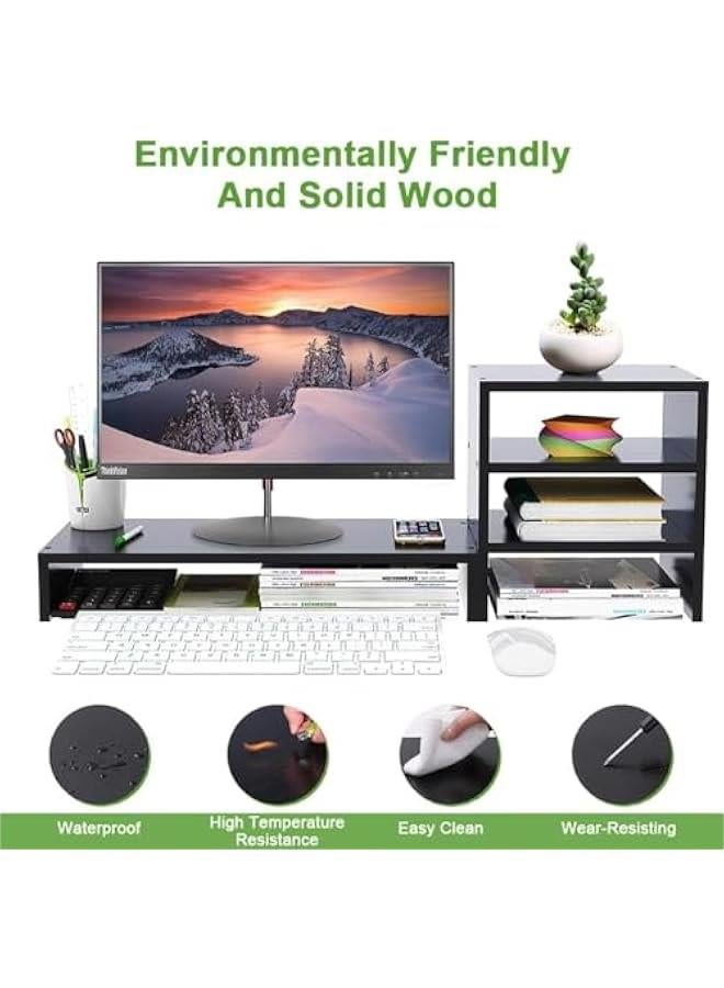 HOOKOR Monitor Stand Riser,2 Tiers Computer Monitor Stand with 3 Layer Storage Shelf, Wood Computer Desk Organizer with Storage,With Pen Holder,Laptop Computer Monitor Riser for PC Screen, iMac (Black)  - Image 3
