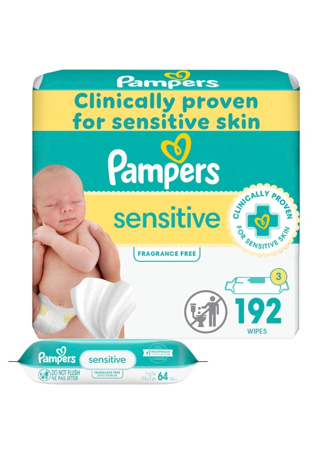 Pampers Baby Wipes Sensitive, Water Based Wipes, Hypoallergenic and Unscented Wipes, 192 Wipes Total (3 Refill Packs) - Image 1