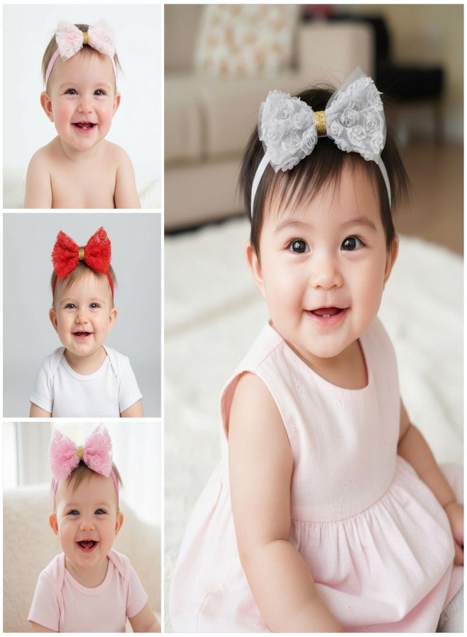 Fairytale Soft Stretchable Elastic Floral Bow Headband for Girls, Lace with Gold Accent Kids Girls Hair Accessories. (Red) - Image 5