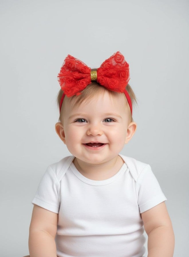 Fairytale Soft Stretchable Elastic Floral Bow Headband for Girls, Lace with Gold Accent Kids Girls Hair Accessories. (Red) - Image 1