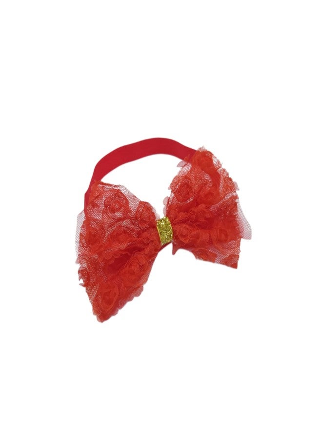Fairytale Soft Stretchable Elastic Floral Bow Headband for Girls, Lace with Gold Accent Kids Girls Hair Accessories. (Red) - Image 2