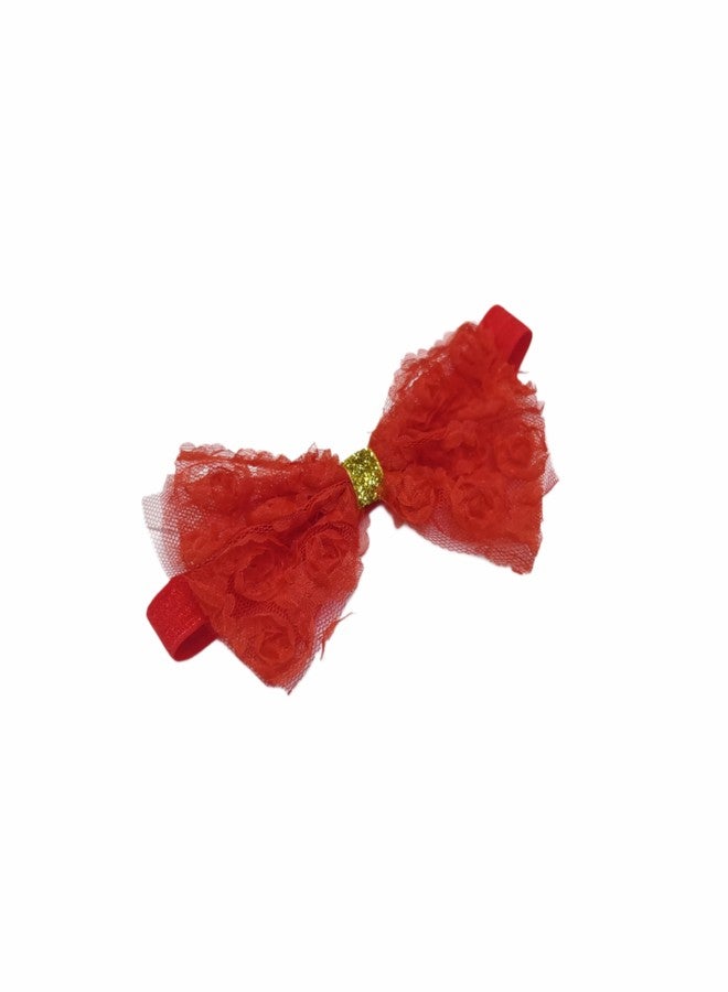 Fairytale Soft Stretchable Elastic Floral Bow Headband for Girls, Lace with Gold Accent Kids Girls Hair Accessories. (Red) - Image 3