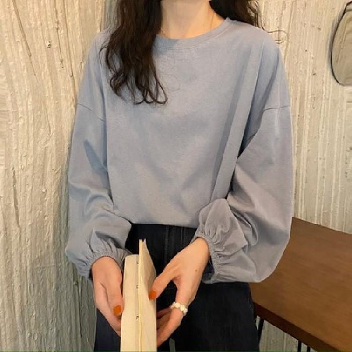 Generic Womens 2023 New Autumn Korean Style Ins Loose Thin Pullover Student Slimming Sweatshirt Lantern Sleeve Long Sleeve T-shirt Blue 
