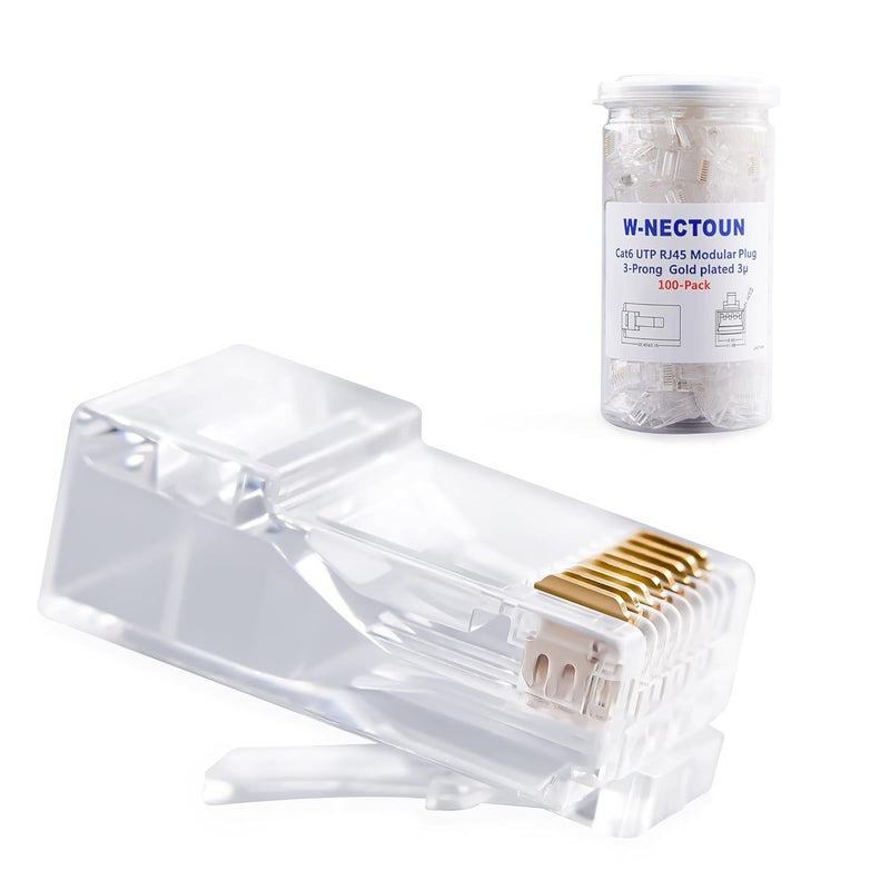 W-NECTOUN Cat6 RJ45 Connectors,100-PACK Cat 6 Ends/Cat6 Connector/Cat 6 RJ45 Modular Plugs(3-Prong Gold Plated 3μ),UTP Network Plug for Solid Strand Cable - Image 1