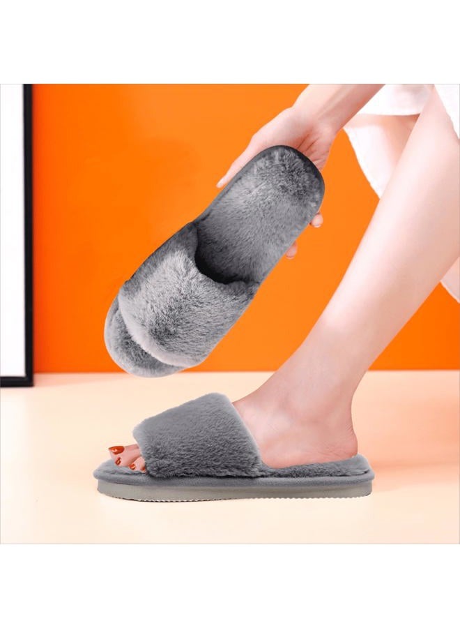 Crazy Lady Women's Slippers Fuzzy Fluffy Memory Foam House Shoes Cross Band Indoor and Outdoor (06/Grey, 8.5-9.5), Grey, 8.5-9.5 - Image 2