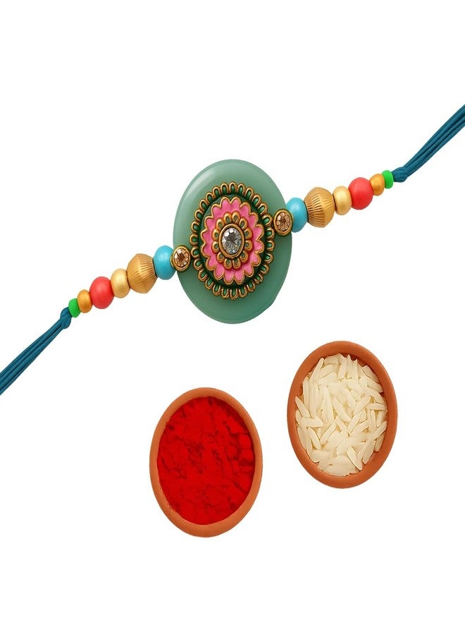 Sage Square Resin Rakhi for Bhai, Brother on Raksha Bandhan | Handmade Designer Resin Art, Thread, Beads & Emotional Bond | Rakhi Gift with Roli Chawal | Traditional Design | Festival Celebration (Type 5) - Image 1