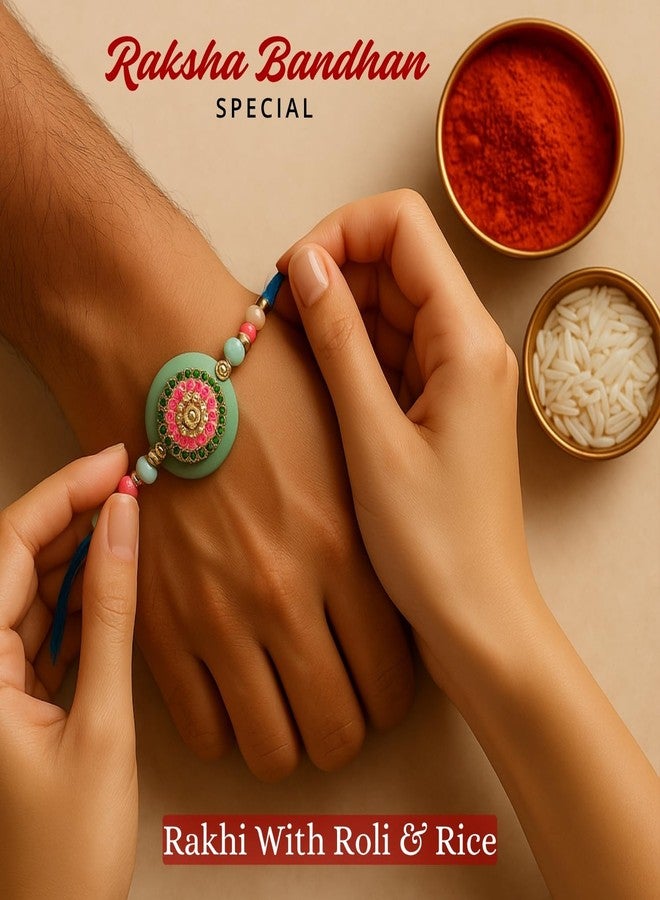 Sage Square Resin Rakhi for Bhai, Brother on Raksha Bandhan | Handmade Designer Resin Art, Thread, Beads & Emotional Bond | Rakhi Gift with Roli Chawal | Traditional Design | Festival Celebration (Type 5) - Image 3
