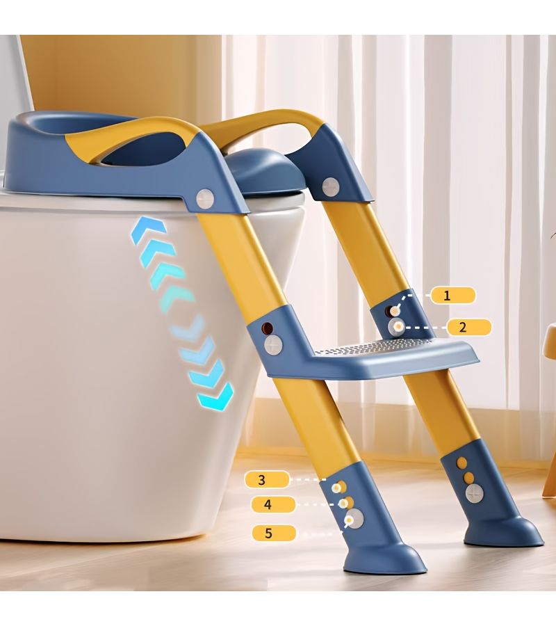 مقعد تدريب الأطفال على استخدام المرحاض من مادة PVC الأزرق مع وسادة، مقعد مساعد متعدد الوظائف قابل للطي، سلم خطوة بدرج، للأولاد والبنات بتصميم حدوة الحصان - Image 3