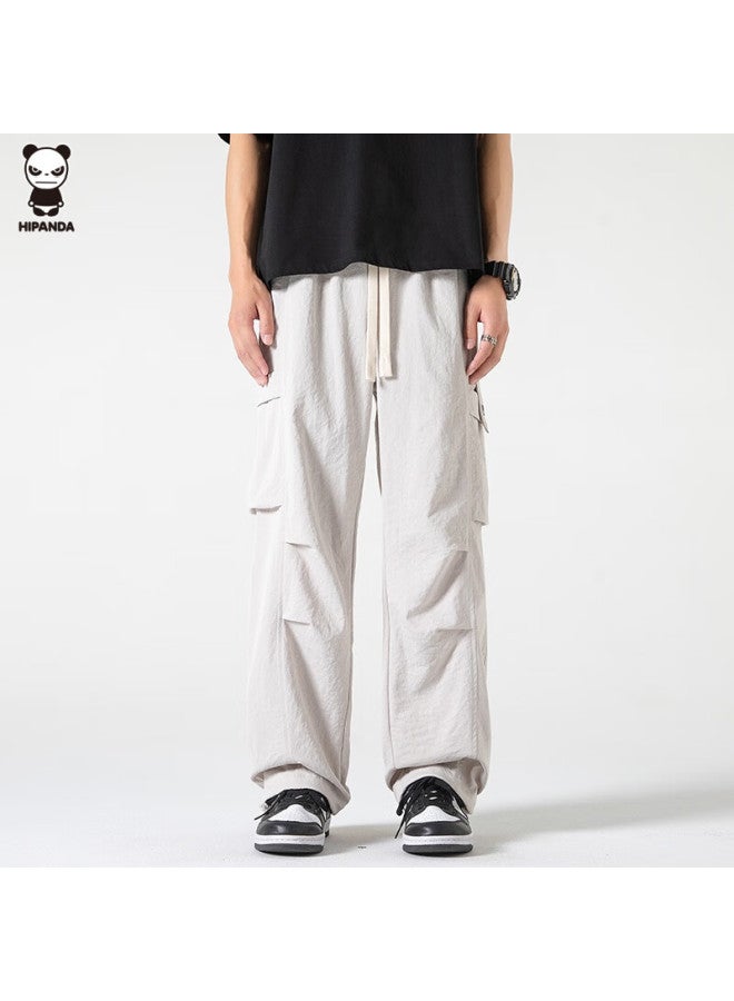 Hipanda Men's Casual Pants, Autumn Ice Silk Quick-dry Versatile Straight-leg Functional Sports Tactical Cargo Pants, Light Khaki, Size M - Image 1