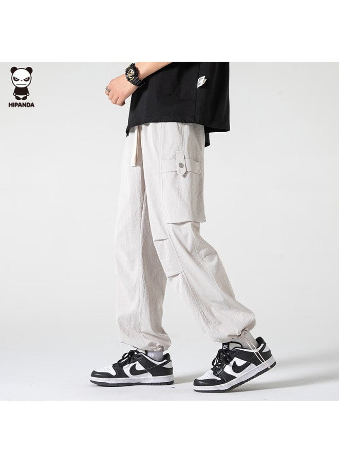Hipanda Men's Casual Pants, Autumn Ice Silk Quick-dry Versatile Straight-leg Functional Sports Tactical Cargo Pants, Light Khaki, Size M - Image 2