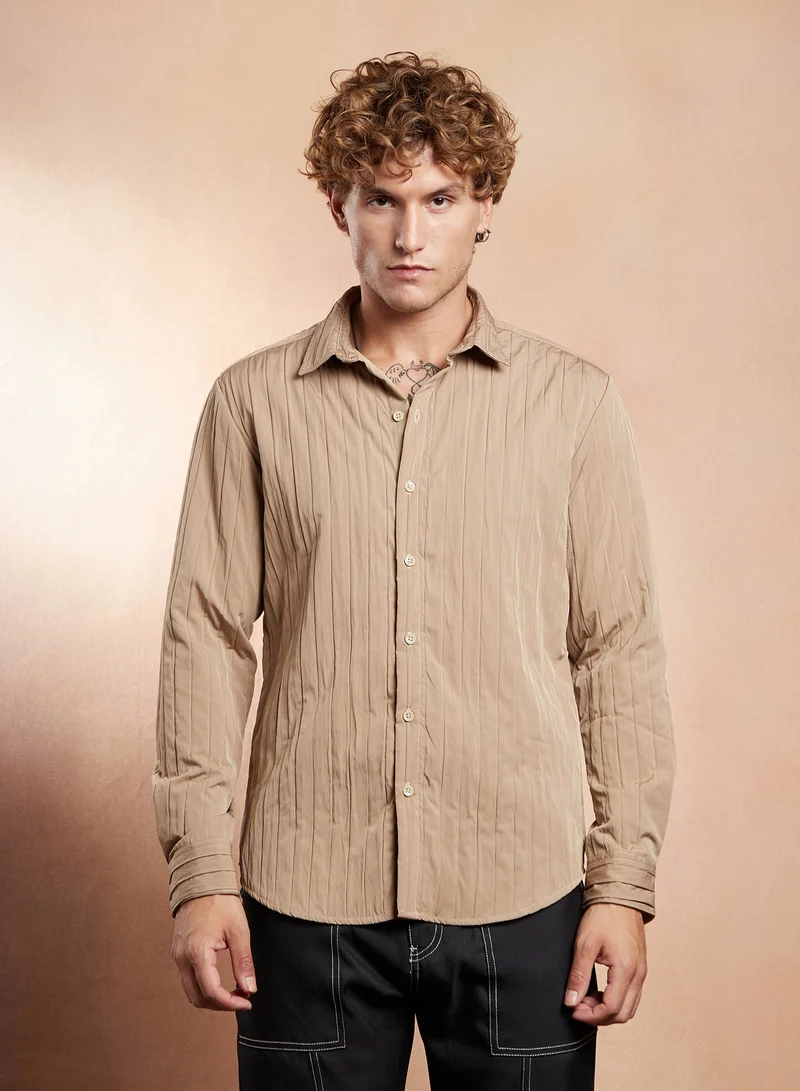 Campus Sutra Men's Sand Beige Quilt-Tactile Shirt