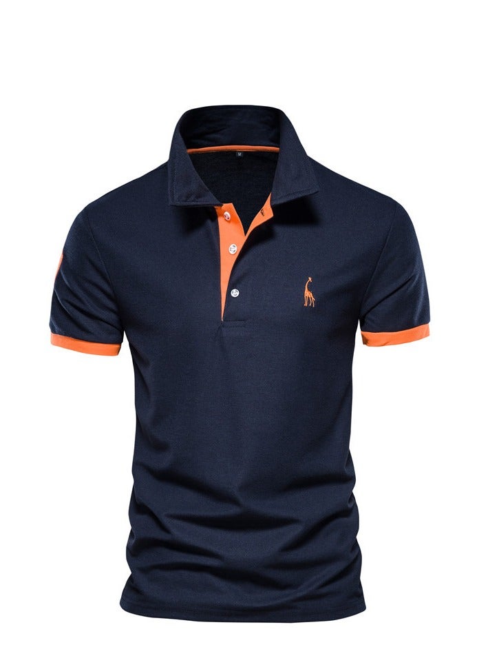 Loquat Men's Casual Collared Short Sleeved Shirt In Navy Blue And Orange - Image 1