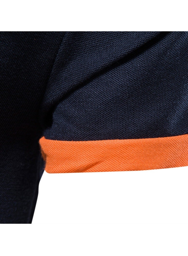 Loquat Men's Casual Collared Short Sleeved Shirt In Navy Blue And Orange - Image 2