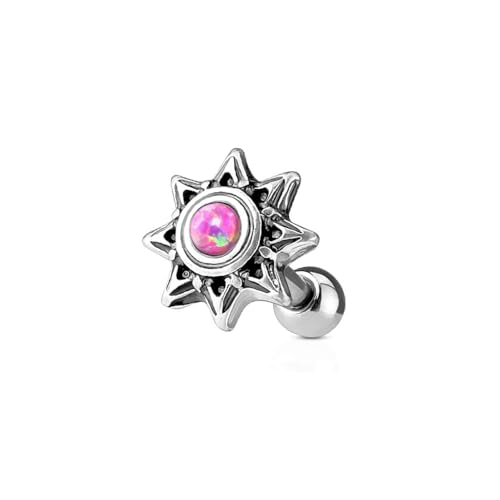 Pierced Owl 16GA 316L Stainless Steel Synthetic Opal Tribal Sun Barbell (Pink) - Image 1