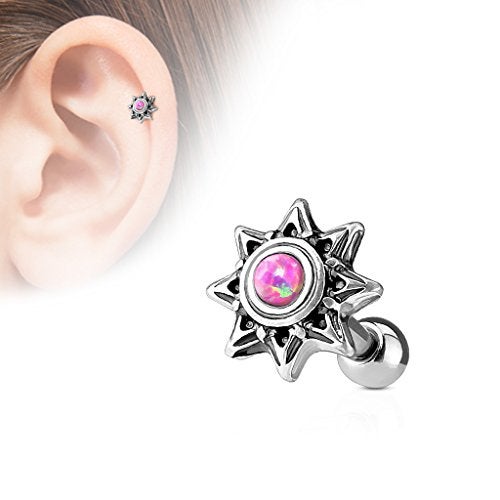 Pierced Owl 16GA 316L Stainless Steel Synthetic Opal Tribal Sun Barbell (Pink) - Image 2