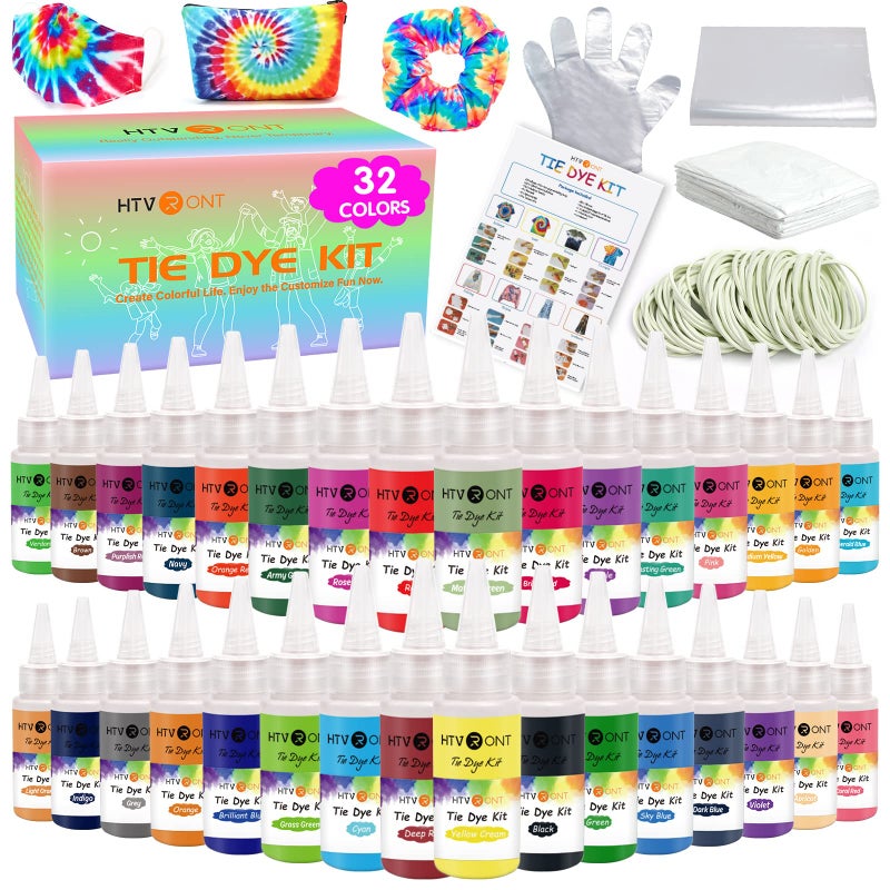 HTVRONT Tie Dye Kit 32 Vibrant Colors PreFilled Bottles Tyedyedye Kit Permanent NonToxic for Large Groups Kids AdultsTye Fabric Textile Handmade PartyJust Add Water