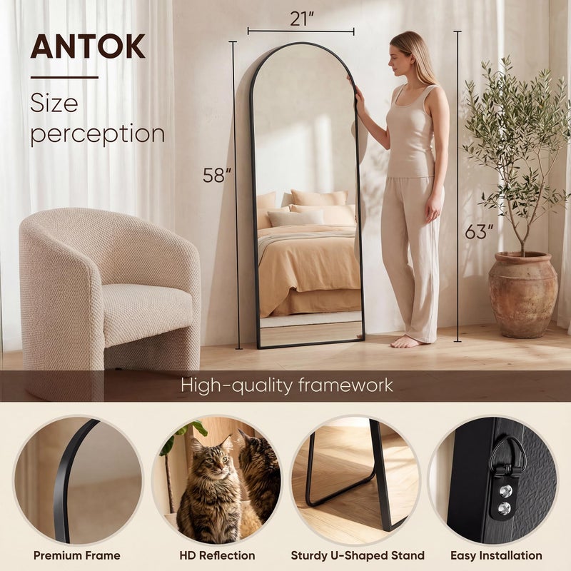 Antok 58" x21â€ Arched Full Length Floor Mirror, Black Aluminum Frame, Free Standing/Wall Mount/Leaning for Bedroom, Living Room, Dressing Room - Image 3