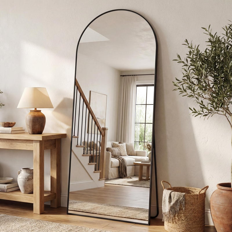 Antok 58" x21â€ Arched Full Length Floor Mirror, Black Aluminum Frame, Free Standing/Wall Mount/Leaning for Bedroom, Living Room, Dressing Room - Image 2