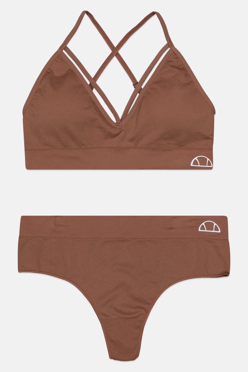 Ellesse Women 2 Pieces Padded Brand Logo Bralette And Thong Set, Brown  - Image 1