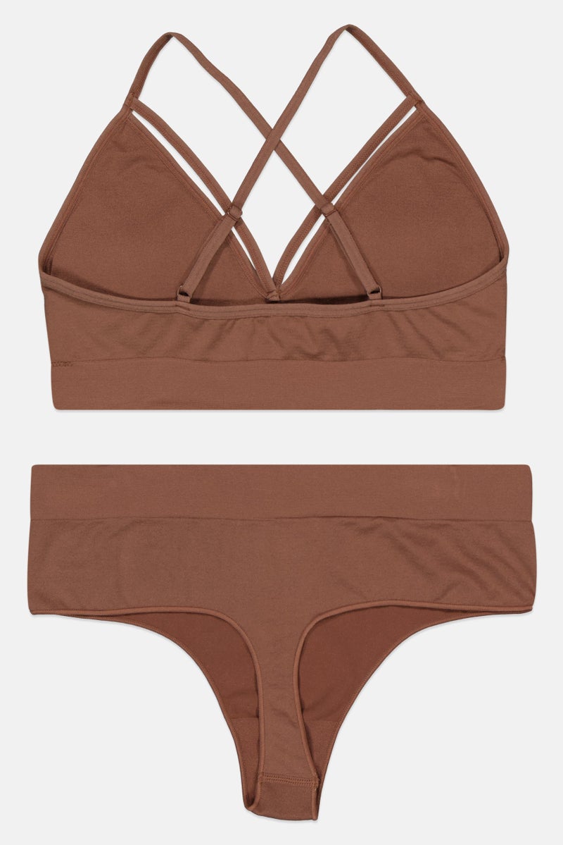 Ellesse Women 2 Pieces Padded Brand Logo Bralette And Thong Set, Brown  - Image 2