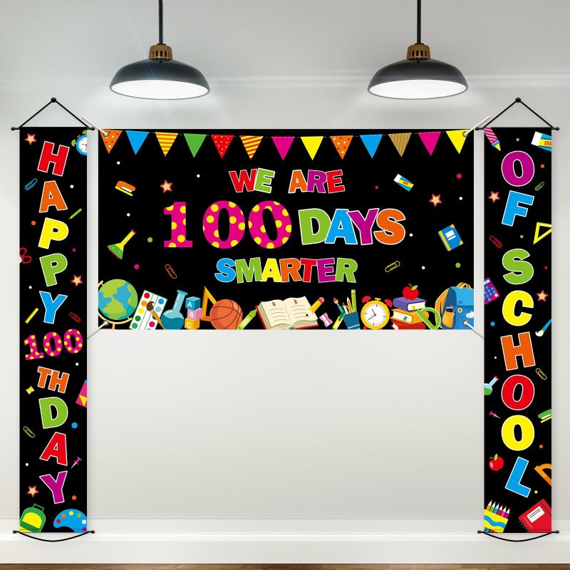 OBUSATT 100th Day of School Decorations Happy 100 Days of School Porch Banner Large We Are 100 Days Smarter Backdrop Happy 100TH DAY Poster Party Photography Background for Kids Classroom Party Supplies - Image 1