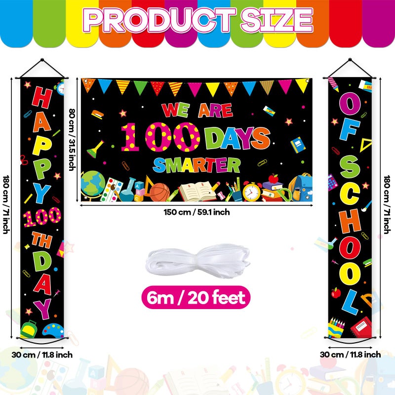 OBUSATT 100th Day of School Decorations Happy 100 Days of School Porch Banner Large We Are 100 Days Smarter Backdrop Happy 100TH DAY Poster Party Photography Background for Kids Classroom Party Supplies - Image 2