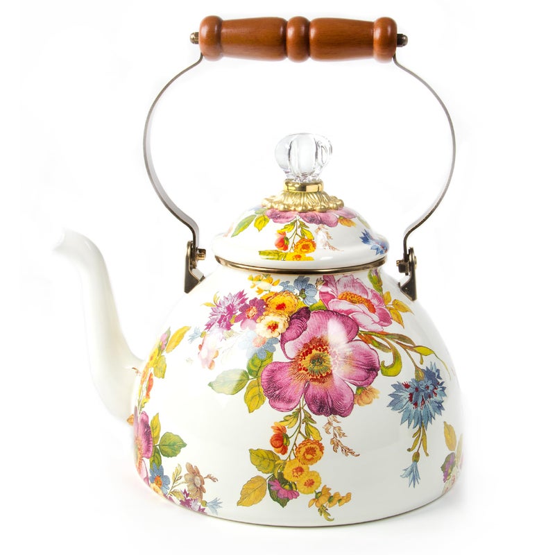 MACKENZIECHILDS Enamel Tea Kettle Stylish Tea Kettle for Stovetop White Flower Market 3 Quarts