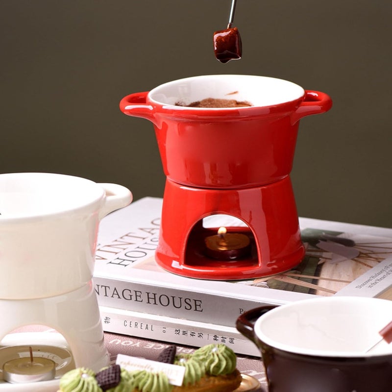 Varied size selections Chocolate Fondue Mug, 300ml Ceramic Butter Warmer Pot, Dessert Pot with Stainless Steel Fork, Ideal for Melting Cheese, Chocolate & Kitchen Dining Party Gift (Red) Varied size selections - Image 3