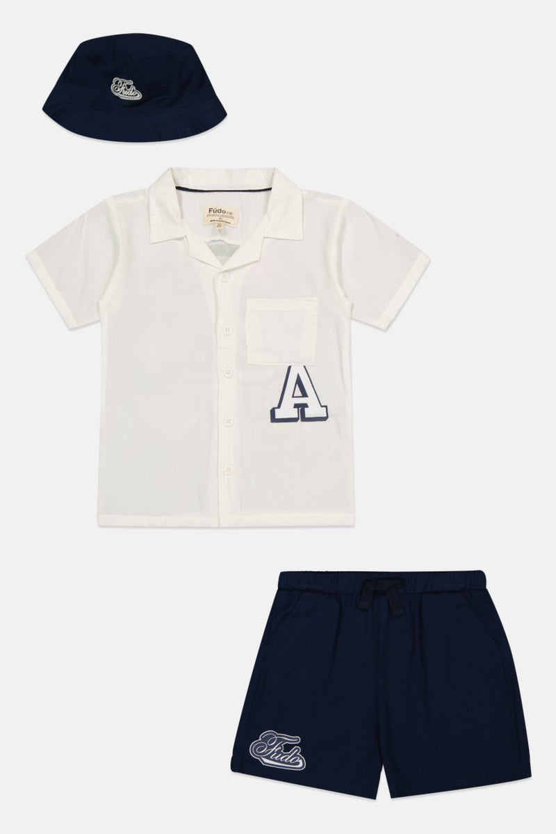Fudo Kids Boy 3 Pieces Brand Logo Shirt With Shorts And Bucket Hat Set, Multicolor - Image 2