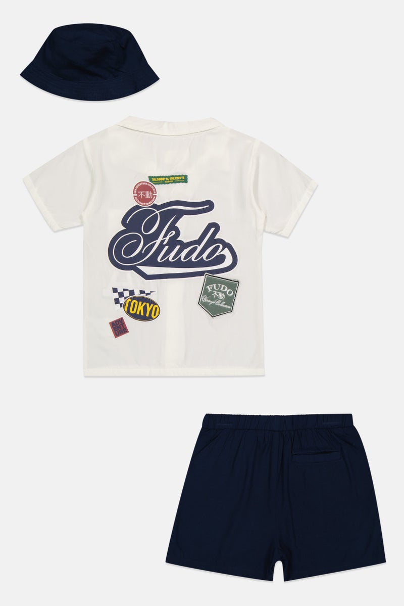Fudo Kids Boy 3 Pieces Brand Logo Shirt With Shorts And Bucket Hat Set, Multicolor - Image 3