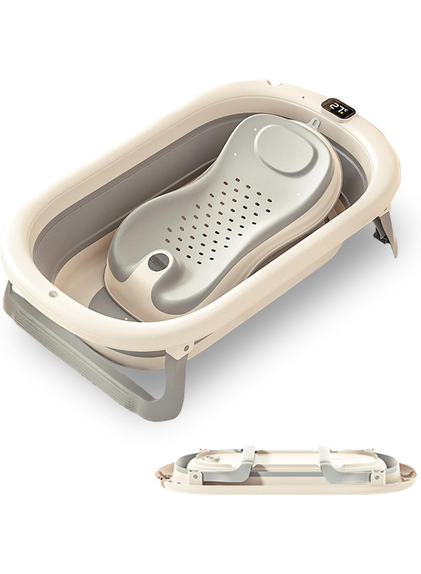 Foldable Baby Bath Tub with Seat - Portable Infant Bathtub, Drain Hole & Thermometer, Anti-Tip Legs, Non-Slip Shower Basin for 0-8 Years Boy Girl
