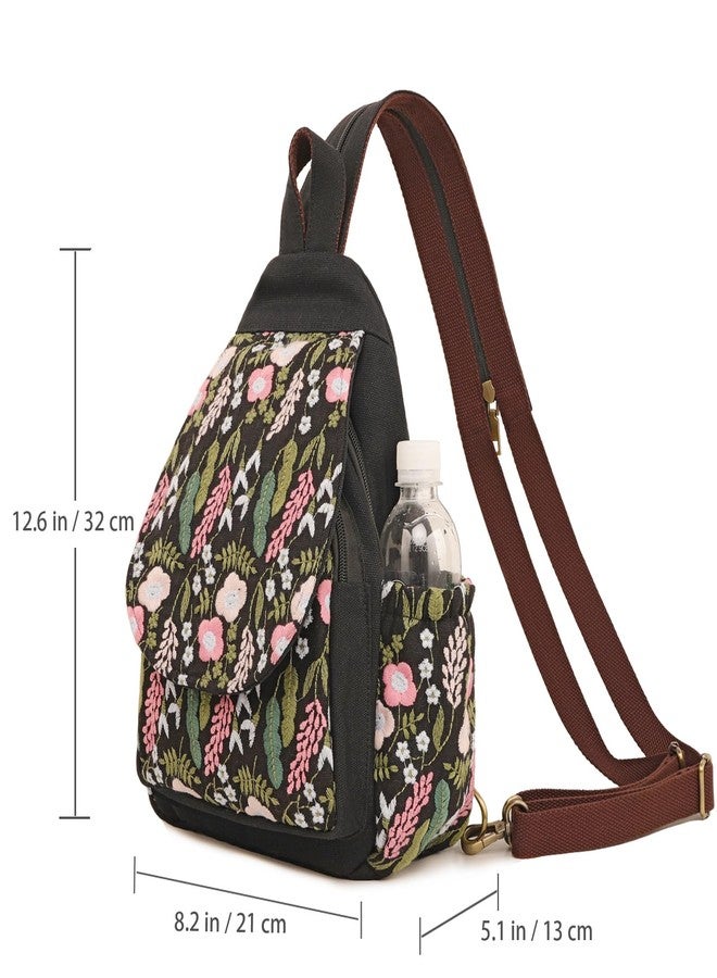 SILKAREA Boho Embroidered Sling Backpack for Women Canvas Travel Chest Bag Flowers Multi-purpose Backpack Purse Shoulder Bag(Embroidered Black) - Image 2