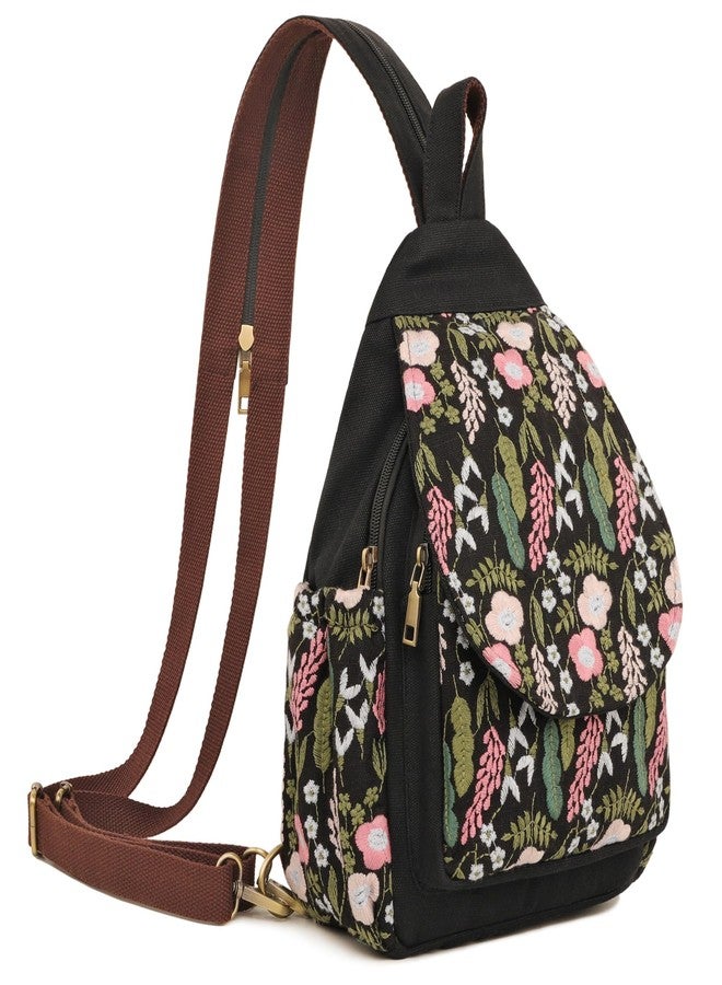 SILKAREA Boho Embroidered Sling Backpack for Women Canvas Travel Chest Bag Flowers Multi-purpose Backpack Purse Shoulder Bag(Embroidered Black) - Image 1