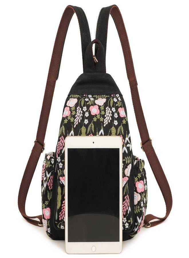 SILKAREA Boho Embroidered Sling Backpack for Women Canvas Travel Chest Bag Flowers Multi-purpose Backpack Purse Shoulder Bag(Embroidered Black) - Image 4
