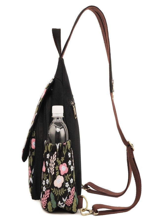 SILKAREA Boho Embroidered Sling Backpack for Women Canvas Travel Chest Bag Flowers Multi-purpose Backpack Purse Shoulder Bag(Embroidered Black) - Image 3