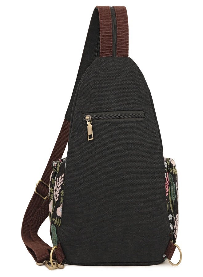 SILKAREA Boho Embroidered Sling Backpack for Women Canvas Travel Chest Bag Flowers Multi-purpose Backpack Purse Shoulder Bag(Embroidered Black) - Image 5