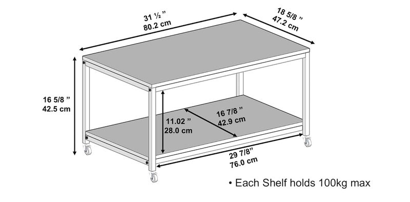 STAR WORK Coffee Table with Metal Frame with Wheels2Tier Tea Table with Storage ShelfCocktail Table TV Stand Side End Table 32 x 19 x 17 inches LxWxHCoffee Table - Image 3
